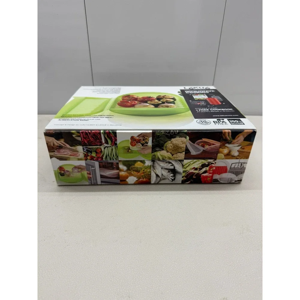 Lekue Steam Case with Tray Lime Green Silicone Microwave Steamer & Cookbook